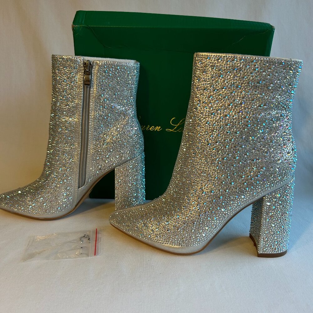 Lauren Lorraine Boots Womens Size 5.5 Silver JAM Rhinestone Ankle Block Heel